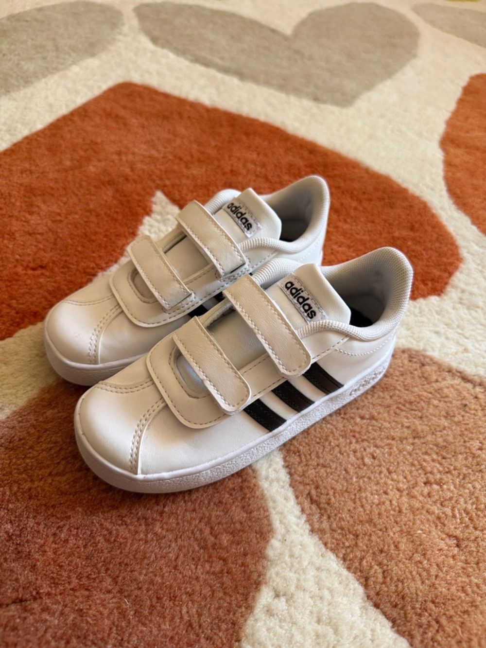 adidas Kids White Sneakers with Black Three Stripes and Velcro